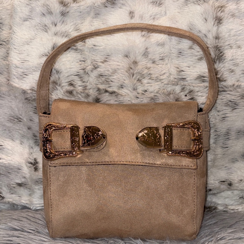 Taupe Suede Shoulder Bag with Decorative Gold Buckles